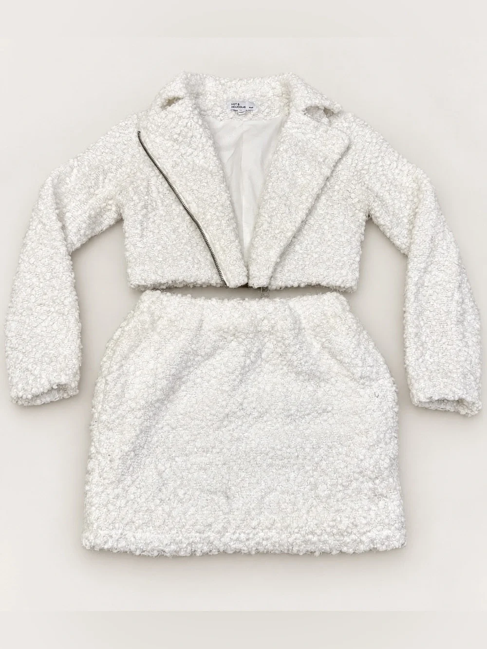 Hot & Delicious White Fluffy Sparkle Cropped Zip-Up Jacket & Mini Skirt Set S